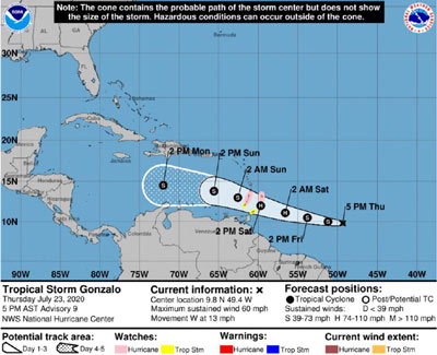 CDEMA Information Note #1 - Tropical Cyclone Gonzalo as of 5:00PM (AST) on July 23rd, 2020