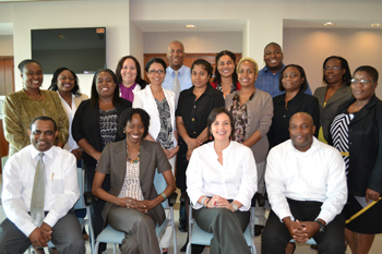 Participants at the onsite segment of the Monitoring and Evaluation Trainng at Baobab Towers, Barbados. Mrs. Ana Maria Fernandez, IDEA facilitator is seated second right Participants at the onsite segment of the Monitoring and Evaluation Trainng at Baobab Towers, Barbados. Mrs. Ana Maria Fernandez, IDEA facilitator is seated second right