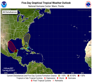 Figure 1: Projected motion of remnants of Tropical Storm Harvey and INVEST 92L as of 11:00 am, August 22, 2017