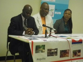 Retiring Executive Director of CDEMA Jeremy Collymore, (left), Minister of Social Transformation Willmoth Daniel, and Parliamentary Secretary in the Ministry of Social Transformation Malaka Parker gathered for a press conference yesterday
