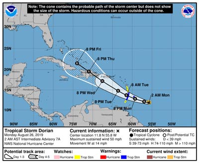 CDEMA Information Note #1 - Tropical Storm Dorian as of 5:00PM (AST) on August 25, 2019