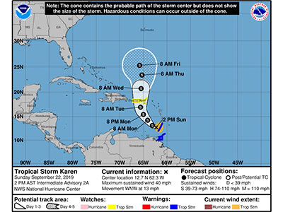 CDEMA Information Note #1 - Tropical Storm Karen as of 2:00PM (AST) on September 22nd, 2019